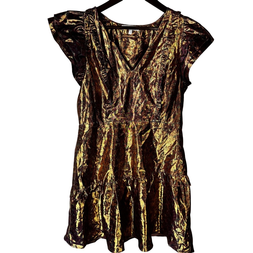 LoveShackFancy Dress Womens 6 Gold Metallic Floral Ruffle Short Sleeve Party